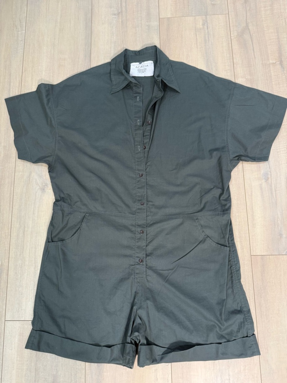 acacia swimwear Short-Sleeve Button-Front Romper in the color Slate- large